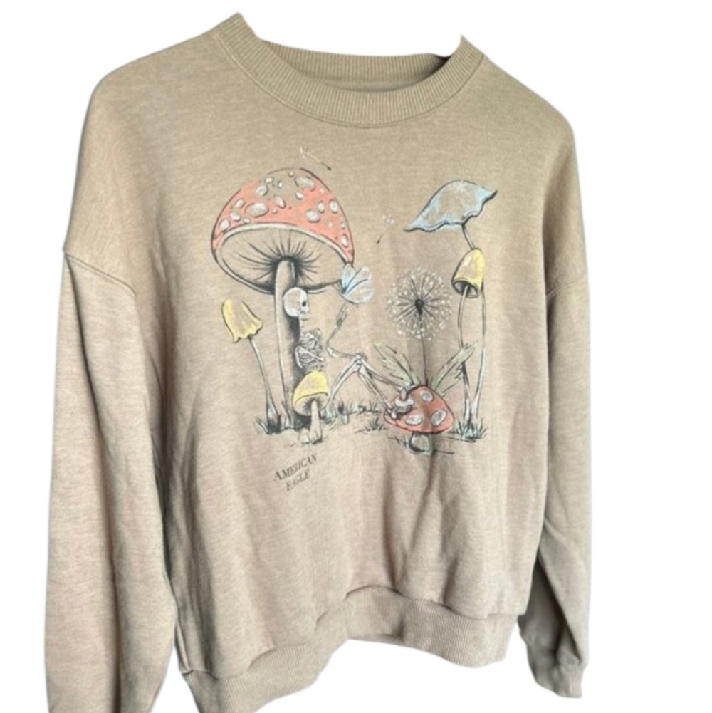 American Eagle Outfitters Tan Crewneck Sweatshirt Skeletons With Mushrooms Sz M - Picture 3 of 8